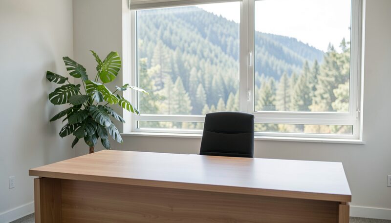 Empty wooden desk and office chair by a wide window, a green plant on the sill and pine-covered hills outside