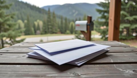 Sealed plain envelopes stacked on a wooden porch table, a mailbox post and evergreen hills out of focus behind
