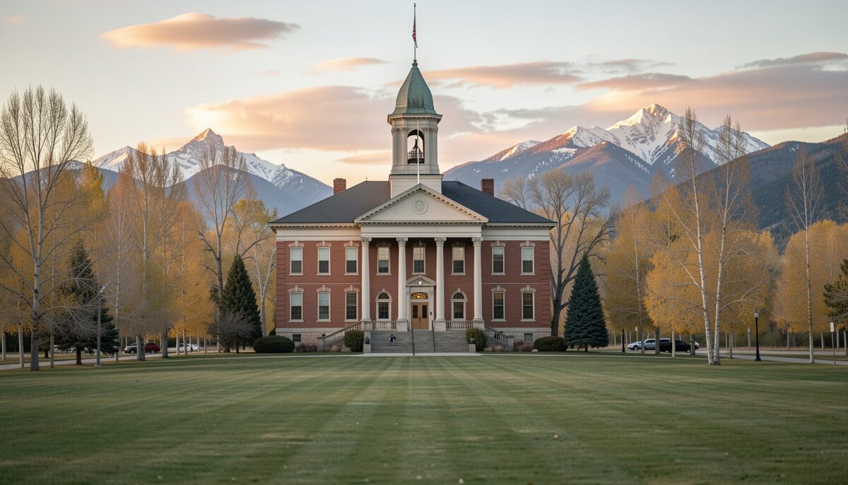 Historic brick county courthouse with a bell tower on a lawn, autumn aspens and snowy peaks behind at dusk