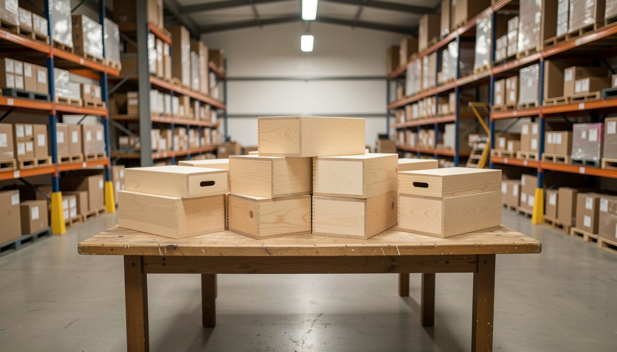 Stacked plain wooden ballot boxes on a table in a county warehouse, metal shelving on both sides under overhead lights