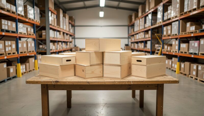 Stacked plain wooden ballot boxes on a table in a county warehouse, metal shelving on both sides under overhead lights