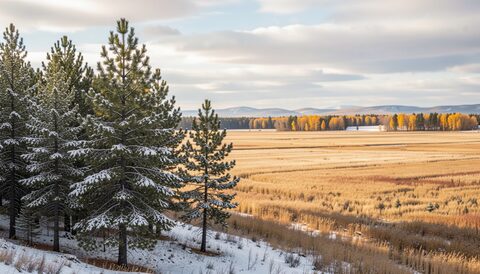 Snow-dusted pines at the edge of a golden autumn field under a wide Idaho sky