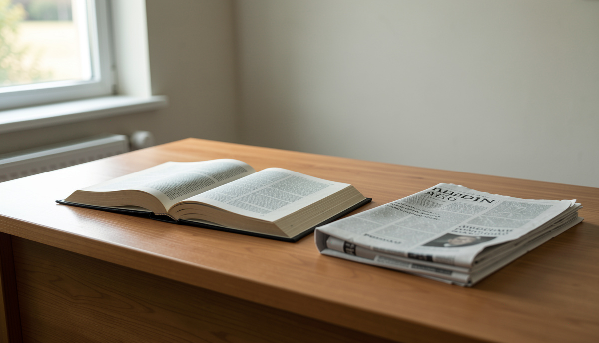 A wide shot of a plain wooden desk in a quiet office, an open legal textbook and a folded newspaper beside a closed notebook, soft morning light from a side window, shallow depth of field.