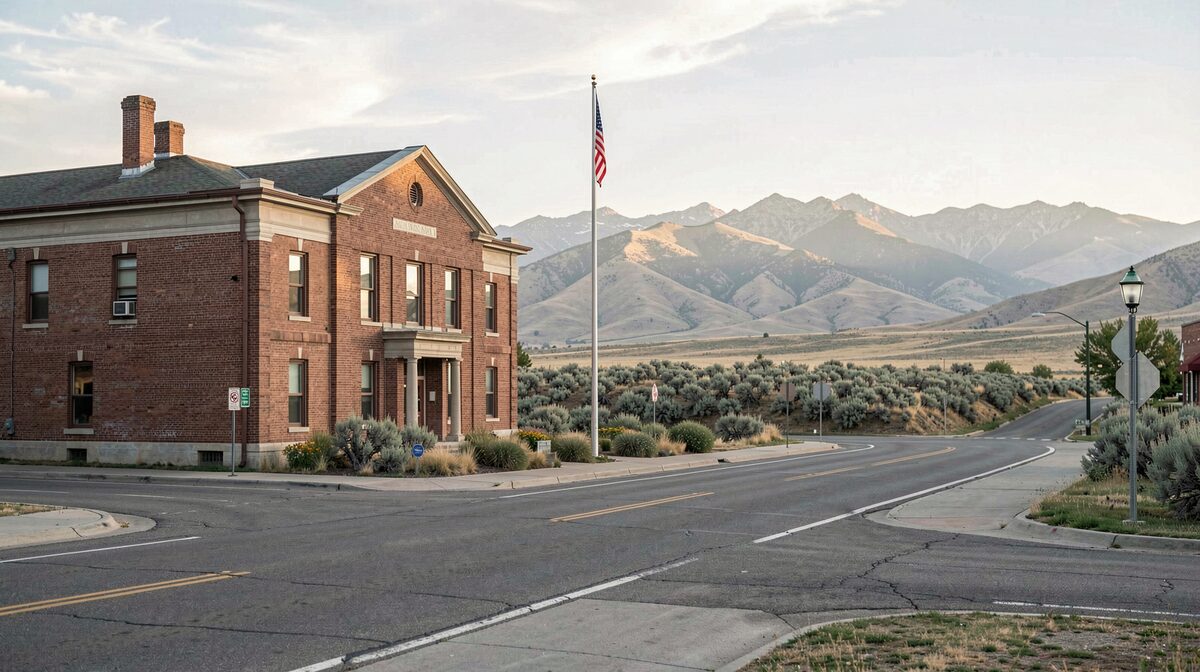 Brick county courthouse on an empty small-town street, a flagpole in front, sagebrush and mountain foothills behind in early morning light