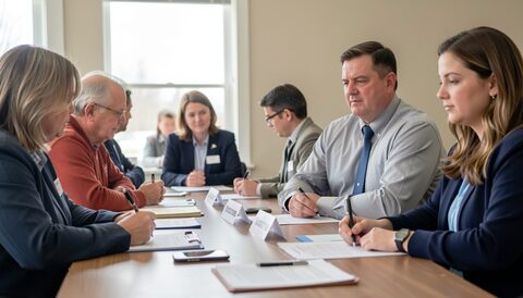 Group of people around a long meeting table reviewing printed documents in a room with tall windows