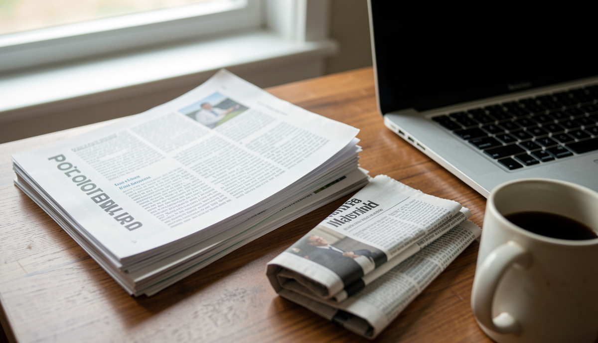 A stack of printed policy journals and a folded newspaper on a wooden desk beside a laptop, with soft morning light from a window and a coffee mug at the edge of the frame.