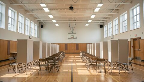 School gymnasium set up as a polling place, rows of folding chairs and voting booths under bright ceiling lights