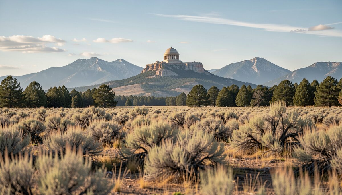 Sagebrush plain stretching toward mountains, a capitol dome rising above evergreens under morning light
