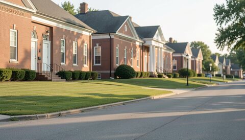 Row of brick county buildings with lawns along a quiet small-town street in afternoon sun