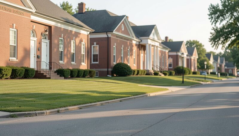 Row of brick county buildings with lawns along a quiet small-town street in afternoon sun