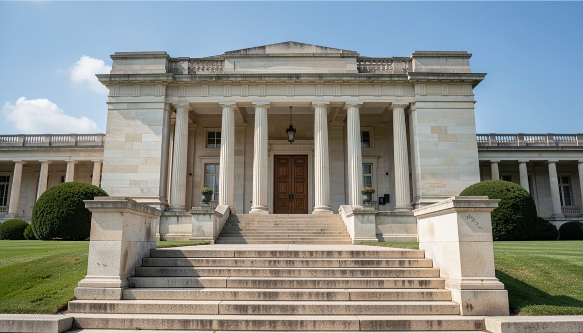Stone capitol steps leading up to tall columns and bronze doors, lawns and a clear blue sky