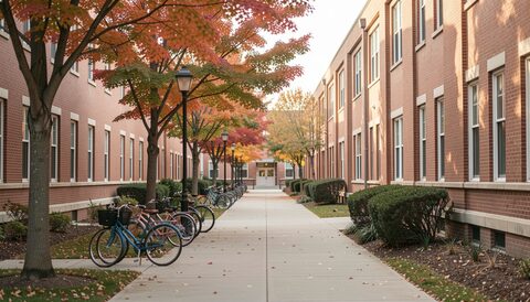 University campus walkway lined with brick buildings, parked bicycles and autumn maples in soft afternoon light