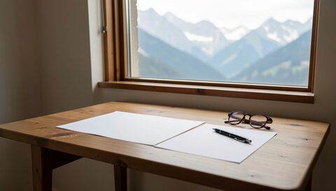 Wooden table with blank paper forms, a pen and reading glasses beside a window with a mountain view