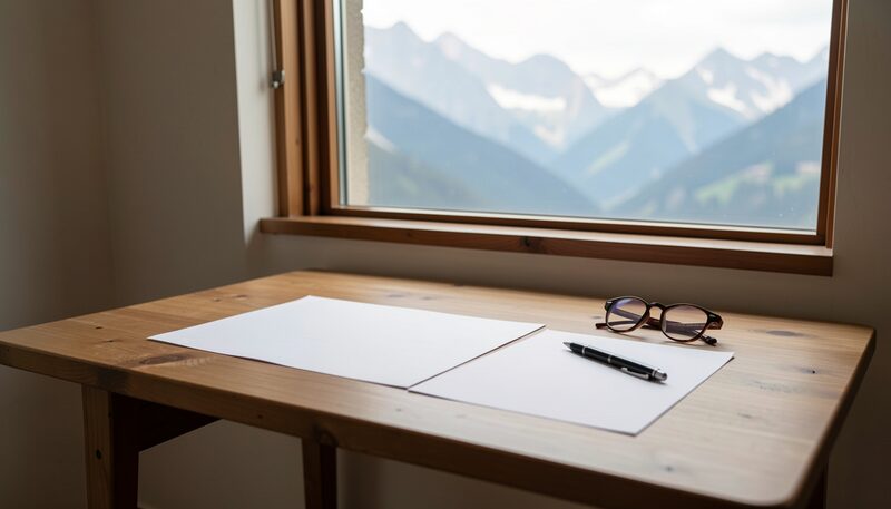 Wooden table with blank paper forms, a pen and reading glasses beside a window with a mountain view